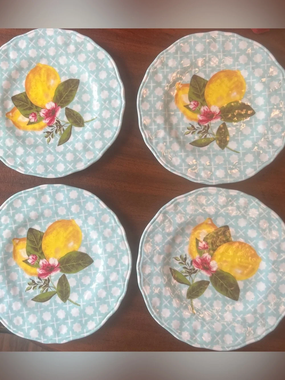 Shabby Chic Melamine Lemon Floral Plate Set of 8 Dinner & Salad Yellow Grn Blue